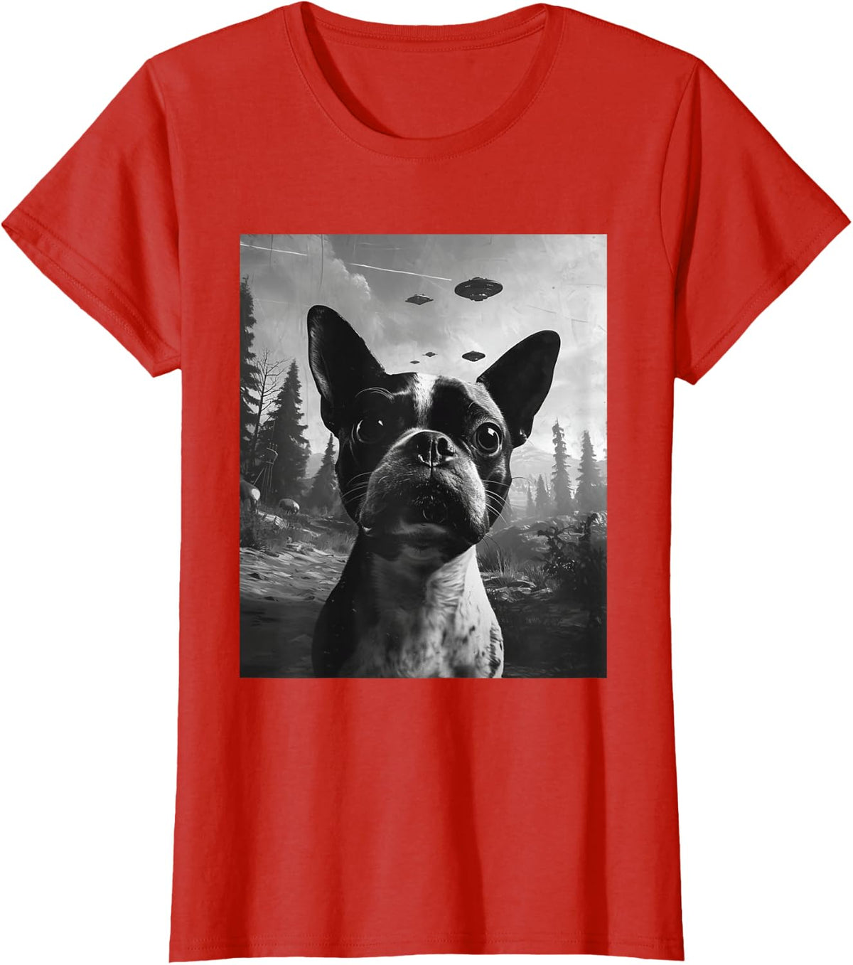 Dog Mom Dad - Funny Alien Selfie Boston Terrier UFO T-Shirt - Red