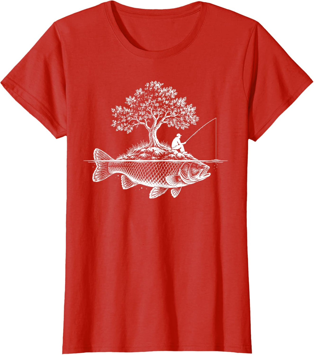 Bass Fish Under Tree Fishing Nature Angler Fisherman Outdoor T-Shirt - Red