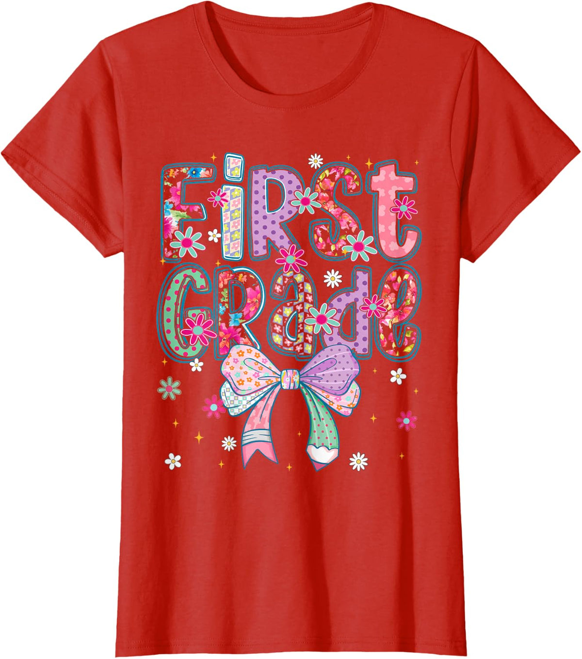 First Grade Shirt Girl 1st Day of School Tee Cute Floral Coquette T-Shirt for Girls Teacher - Red