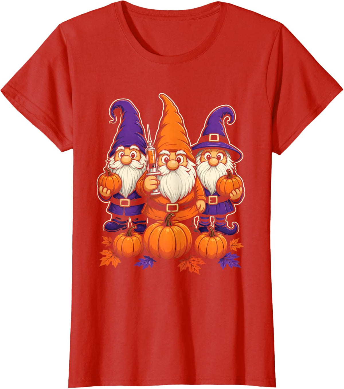 Halloween Gnome Trio Pumpkin Witch Hat Autumn Leaves T-Shirt - Red