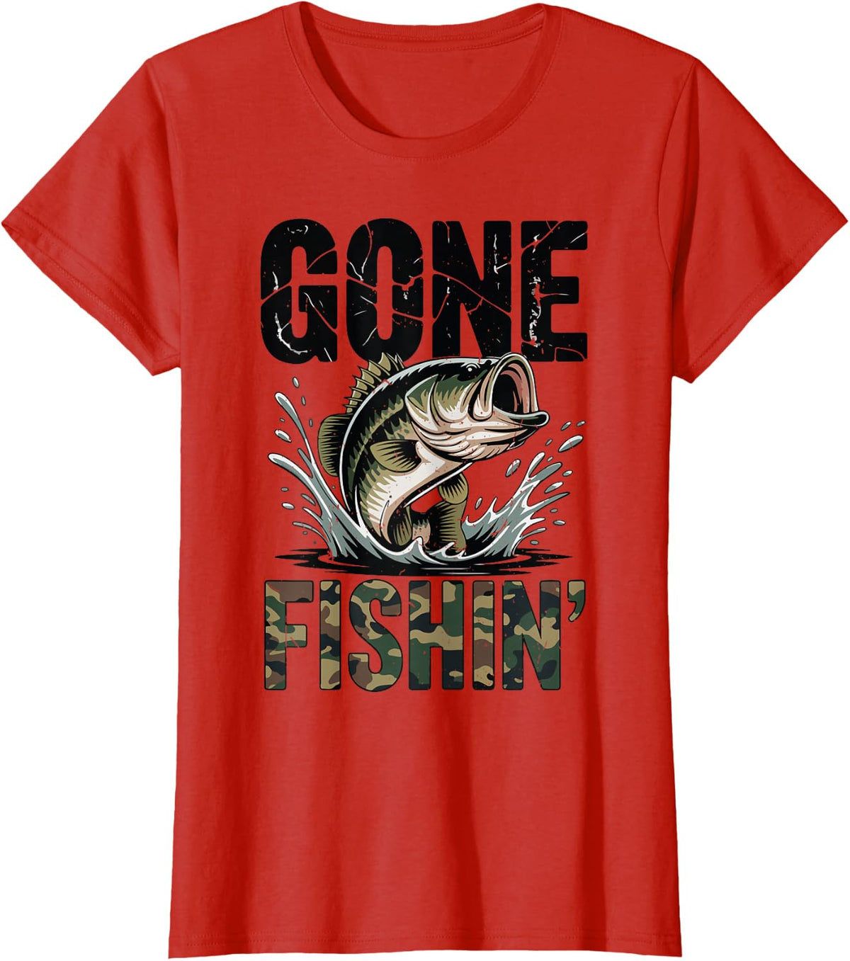 Youth Camo Gone Fishing T Shirt Bass Fishing Camouflage Mens T-Shirt - Red