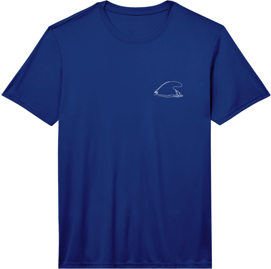 Fly Fishing Tiny Hobby Scene Minimalist Angler Design Performance T-Shirt - Royal Blue