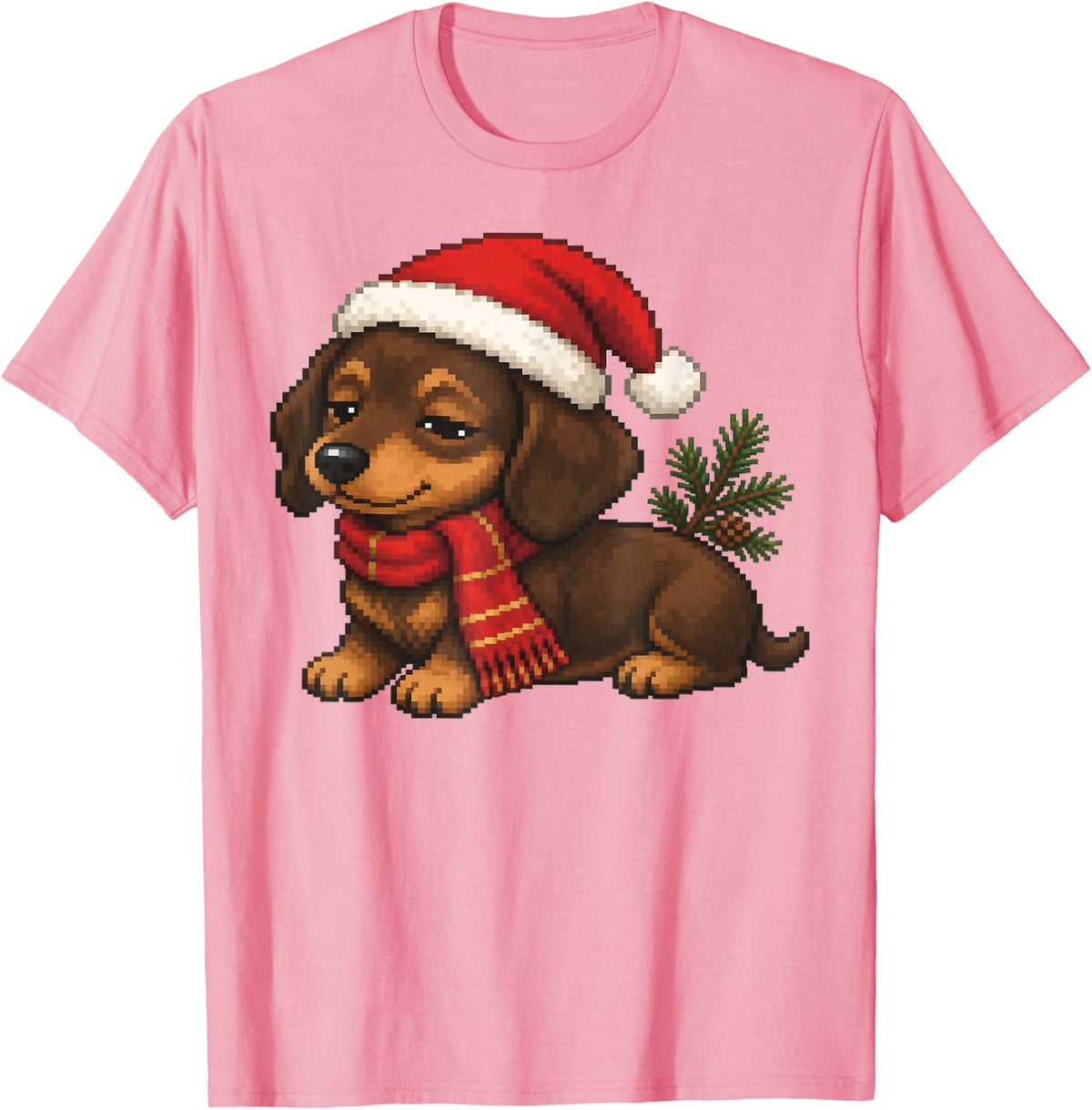 Dachshund Santa Hat Christmas Pixel Art T-Shirt - Pink