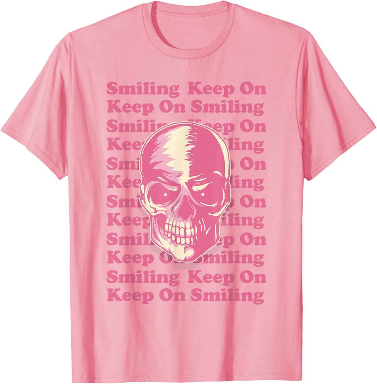 Danish Pastel Aesthetic Gothic Skull Goth Keep On Smiling T-Shirt - Pink