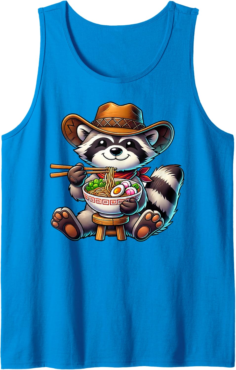 Raccoon Eating Japanese Noodles Kawaii Ramen Bowl Cute Sleeveless Tank Top - Sapphire Blue