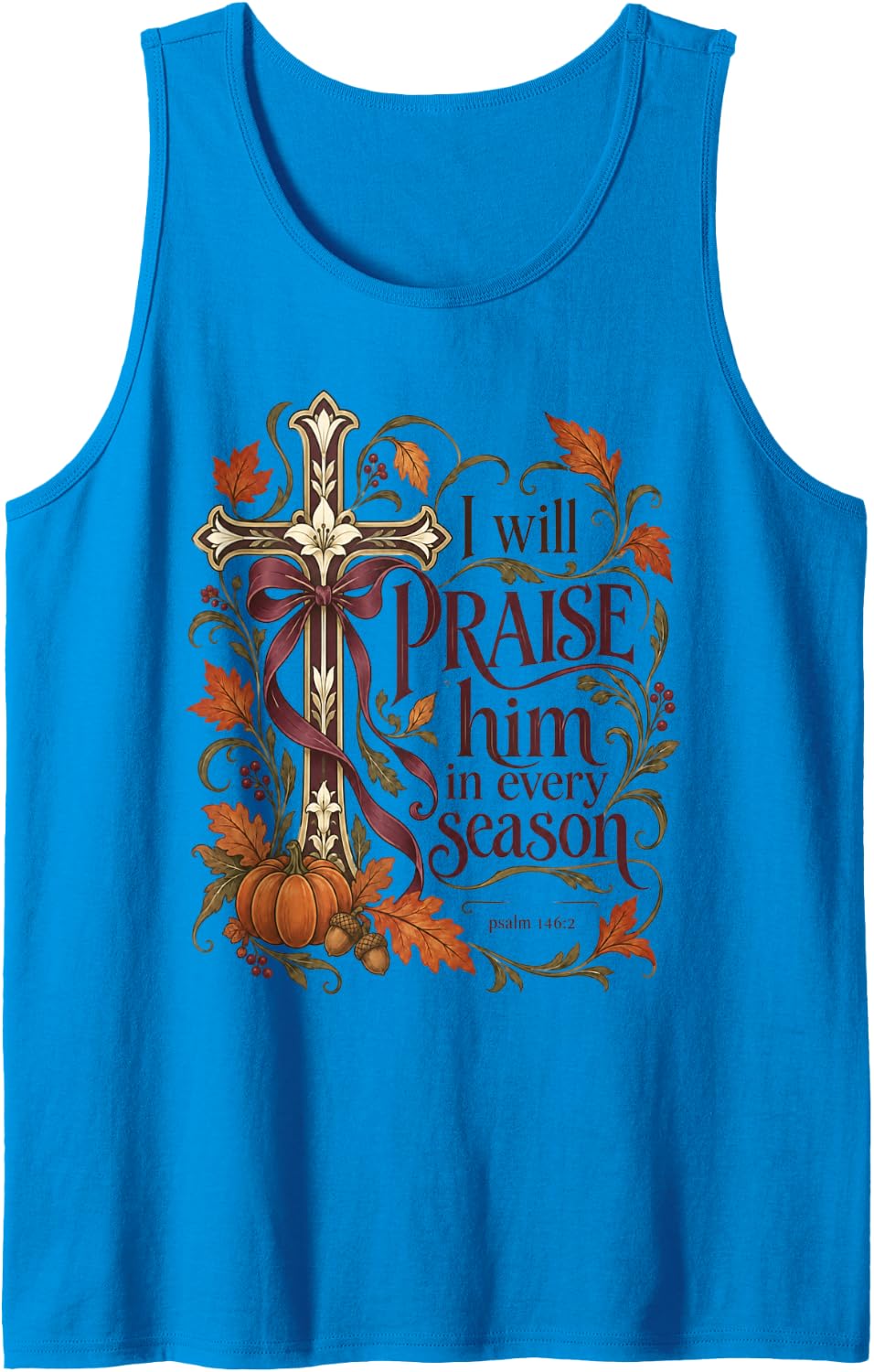 Christian Fall Bible Verse Cross Thanksgiving Sleeveless Tank Top - Sapphire Blue