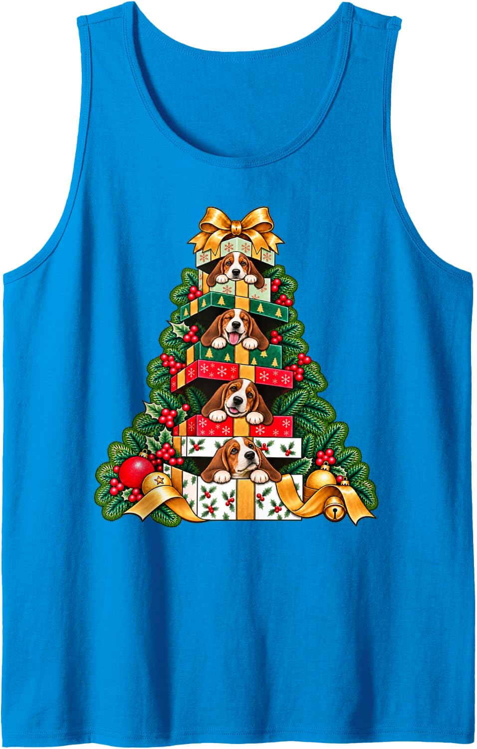 Basset Hound Stacked Wrapped Box Holiday Tree Surprise Sleeveless Tank Top - Sapphire Blue