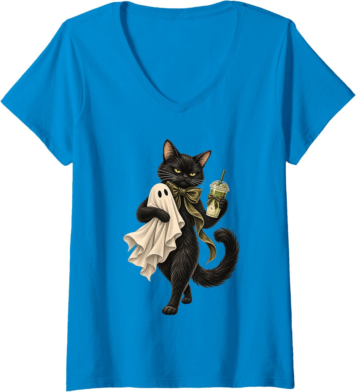 Women's Black Cat Holding Ghost Matcha Latte Spooky Halloween V-Neck T-Shirt - Sapphire Blue