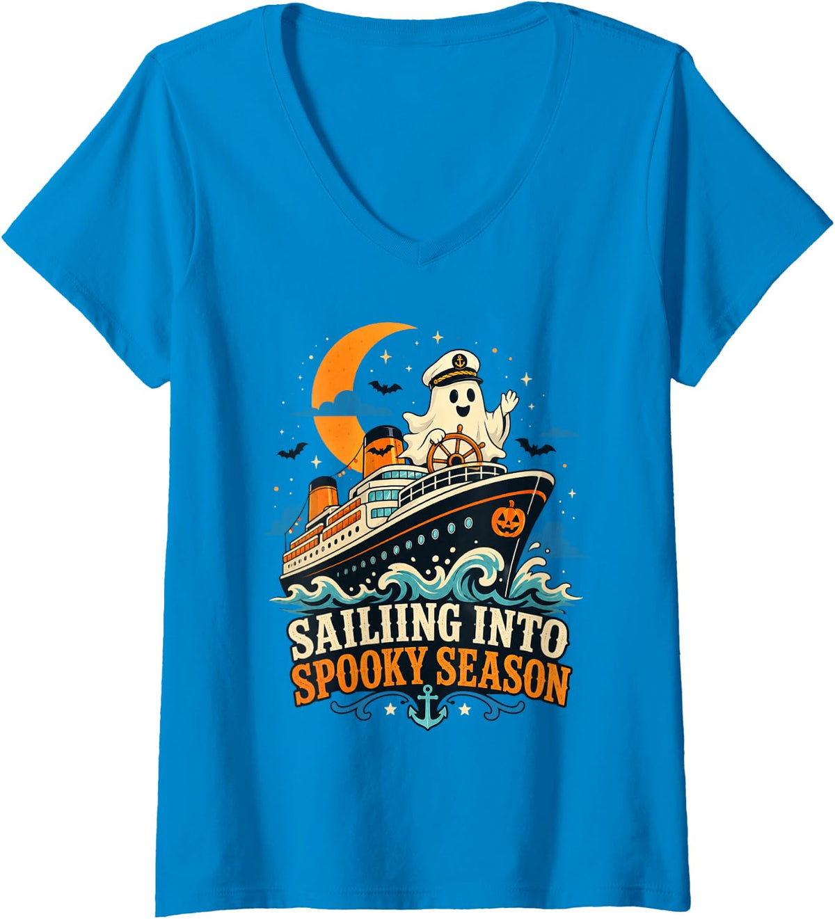Women's Sailing Into Spooky Season Halloween Ghost Trick or Treat V-Neck T-Shirt - Sapphire Blue