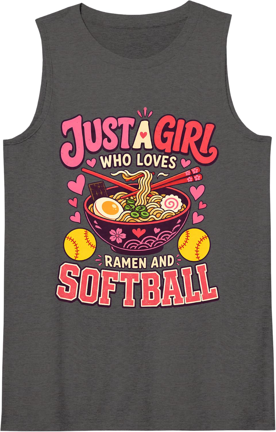Women's Just A Girl Who Loves Ramen and Softball Noodle Lover Tank Top - Dark Heather Grey