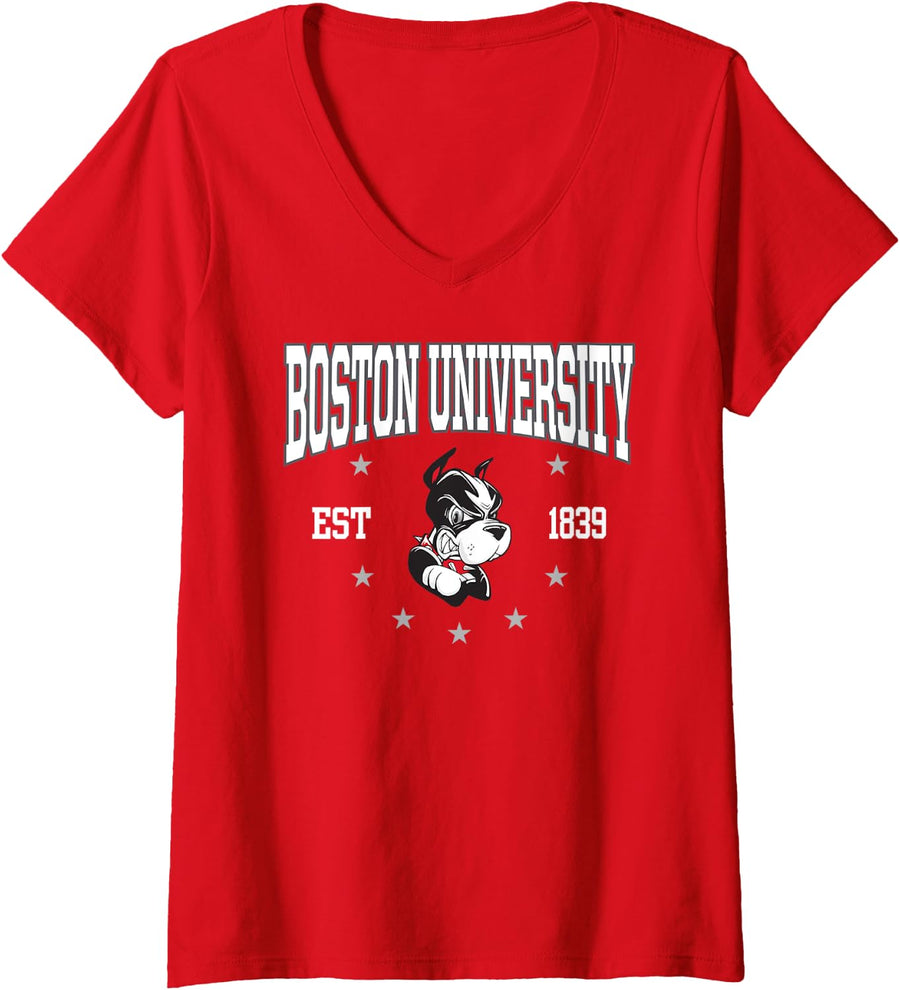 Womens Boston Terriers Arch Over Icon Stars - Boston U V-Neck T-Shirt - Red