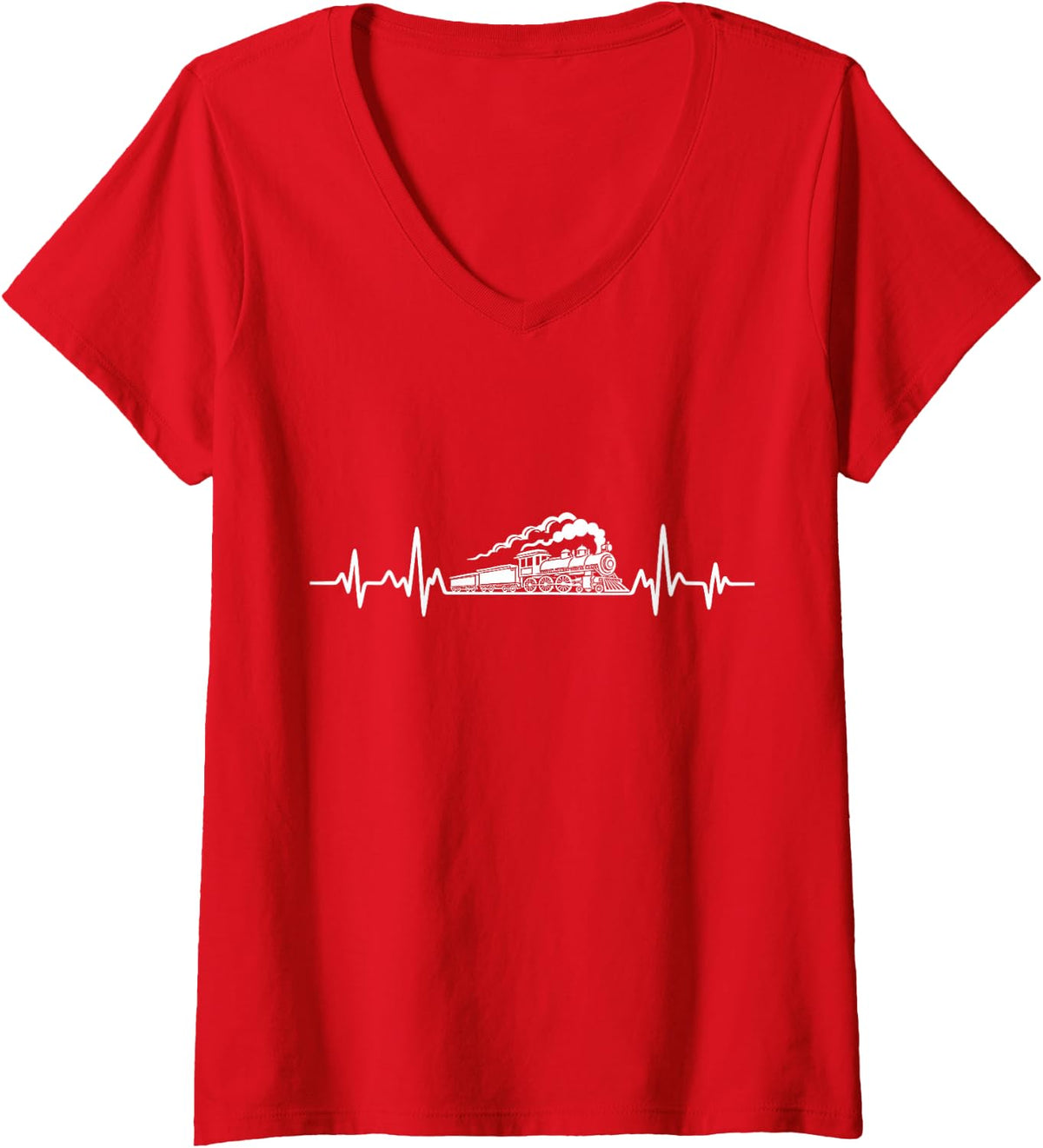 Women's Train, Heartbeat, Steam Locomotive Railroad Lover V-Neck T-Shirt - Red
