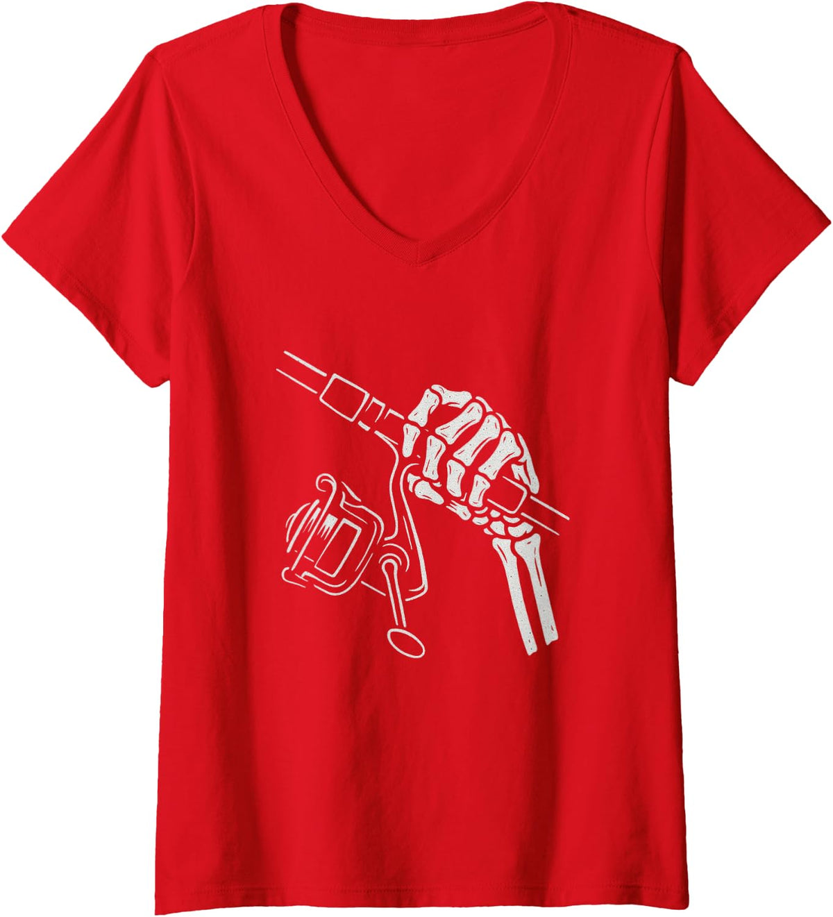 Women's Skeleton Hands Fishing Rod Reel Halloween Costume Fisherman V-Neck T-Shirt - Red