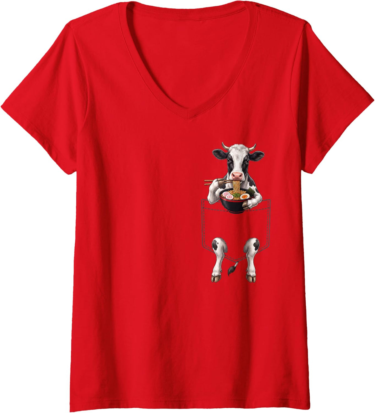 Women's Cow Pocket Ramen Bowl Japanese Food Lover V-Neck T-Shirt - Red