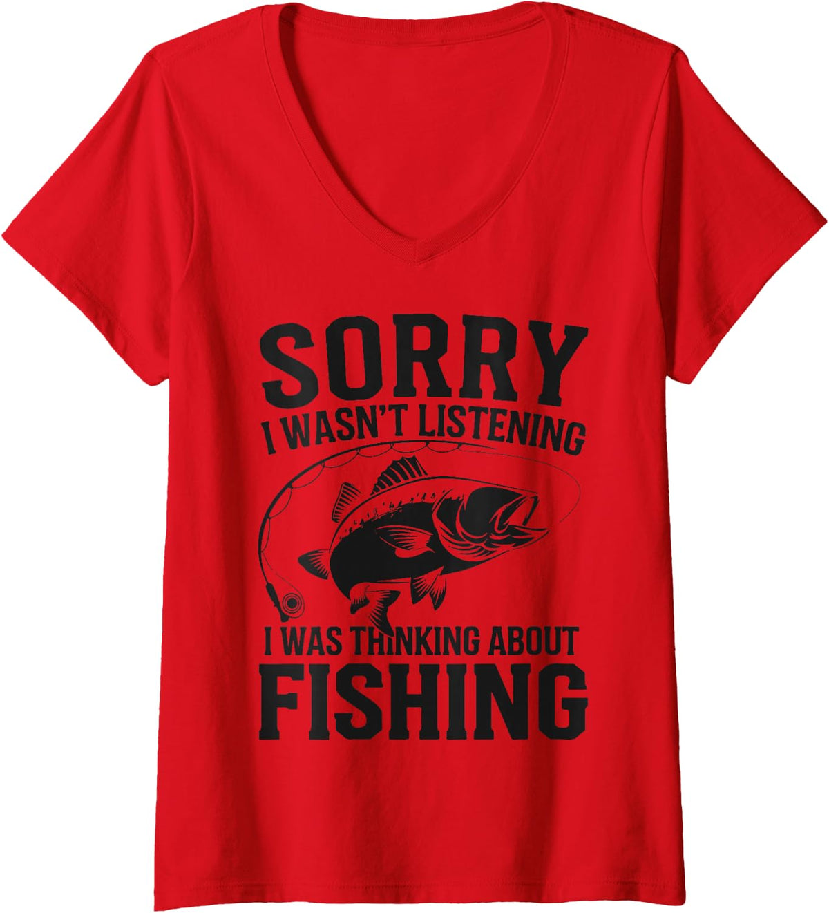 Women's Thinking About Fishing Humor Father's Day Funny Fisherman V-Neck T-Shirt - Red
