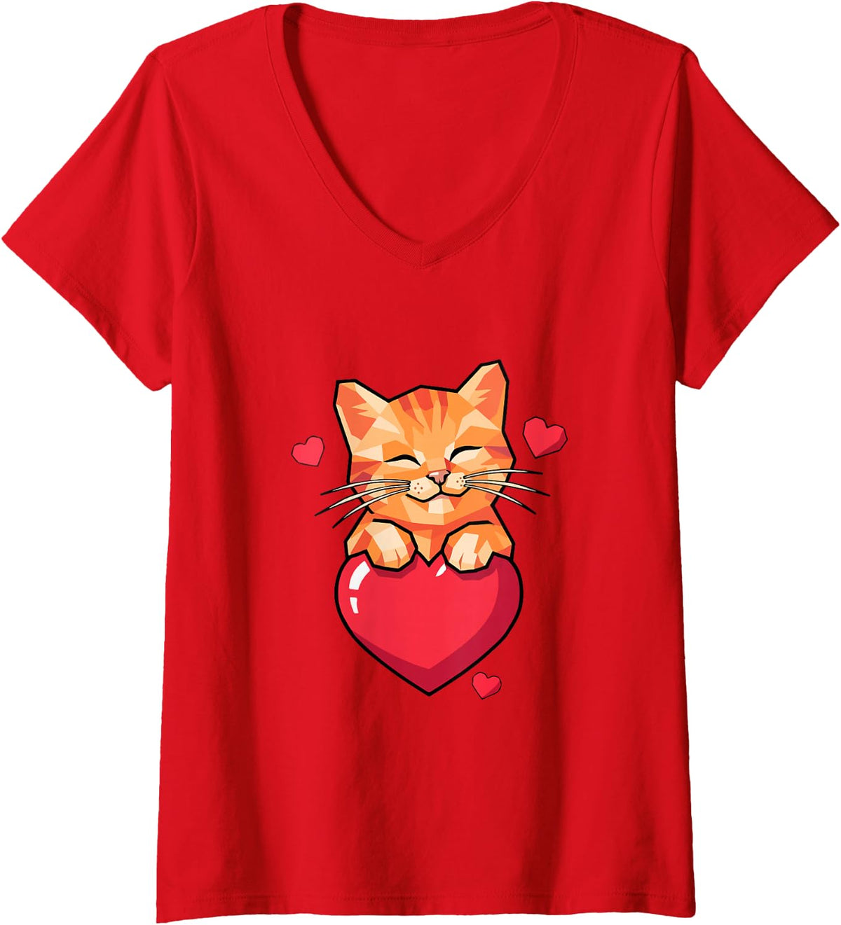 Women's Orange Tabby Cat Hugging Red Heart Cute Ginger Kitty V-Neck T-Shirt - Red