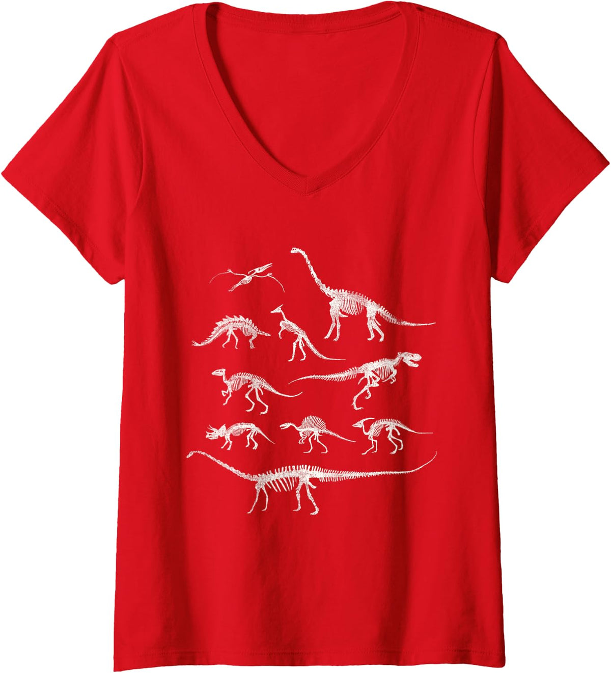 Womens Dinosaur Skeleton and Dino Bones Shirt V-Neck T-Shirt - Red
