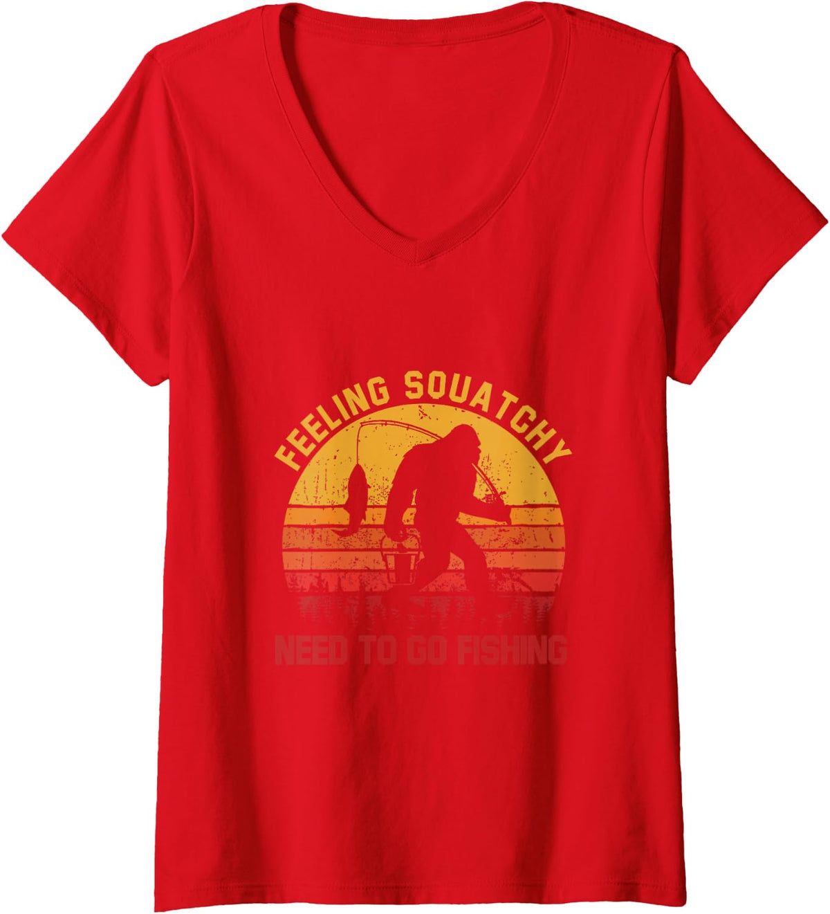 Women's Feeling Squatchy Need to Go Fishing Retro Bigfoot Fisherman V-Neck T-Shirt - Red