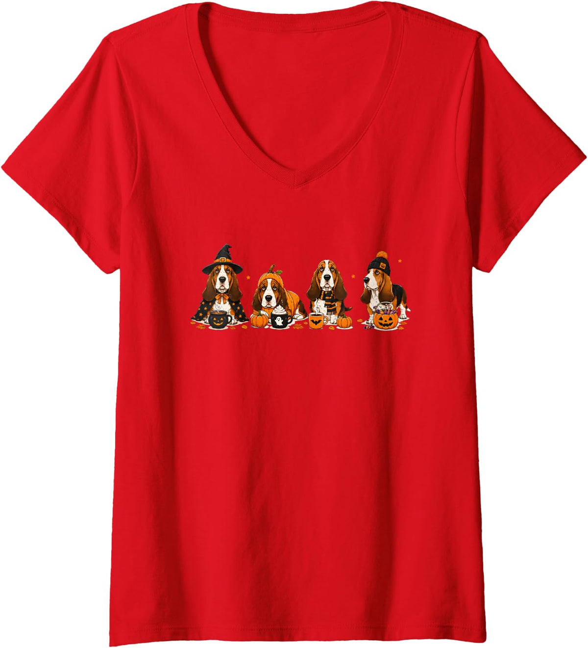 Women's Basset Hound Halloween Pumpkin V-Neck T-Shirt - Red