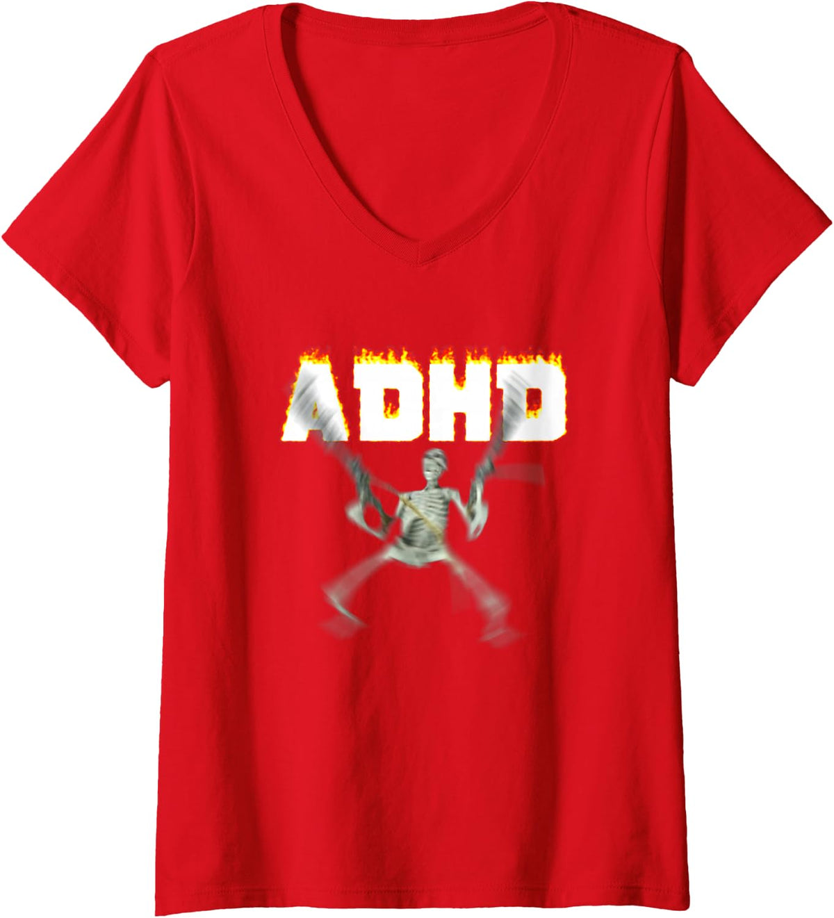 Women's ADHD Skeleton Meme V-Neck T-Shirt - Red