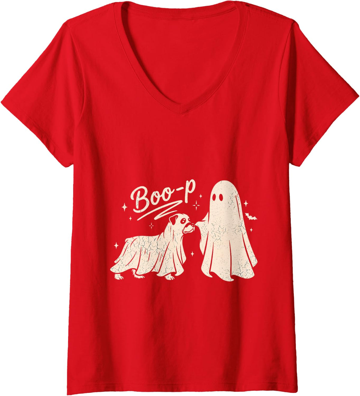 Women's Funny Spooky Season Rottweiler Halloween Boo-P Ghost Dog V-Neck T-Shirt - Red
