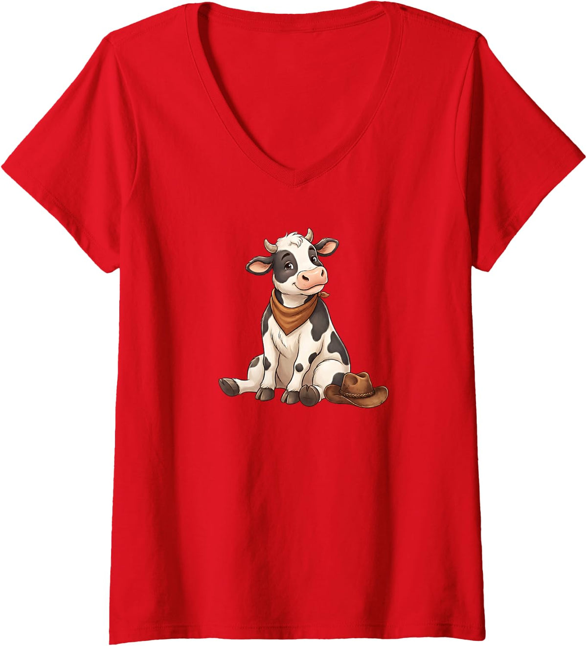 Women's Cute Cartoon Cow Sitting with Cowboy Hat Bandana V-Neck T-Shirt - Red