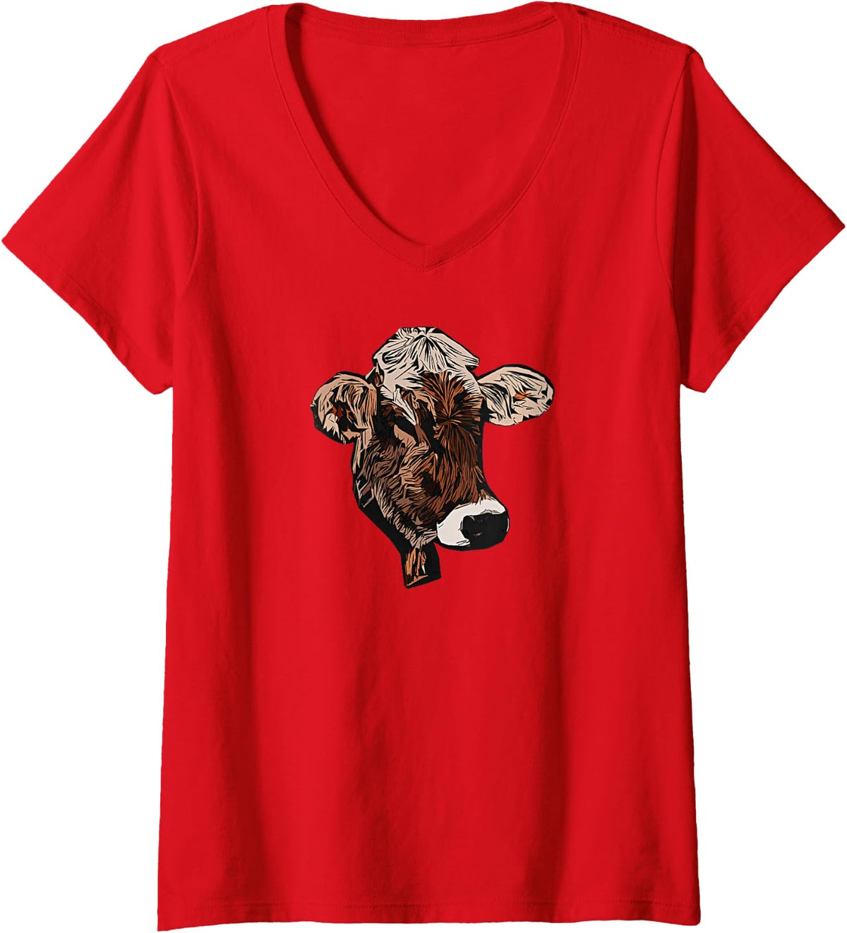 Women's Realistic Brown Cow Head Illustration V-Neck T-Shirt - Red