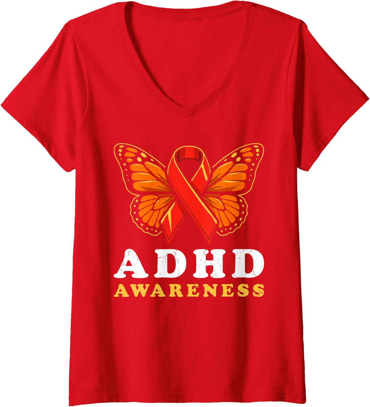Women's Butterfly ADHD Awareness Month Orange Ribbon V-Neck T-Shirt - Red