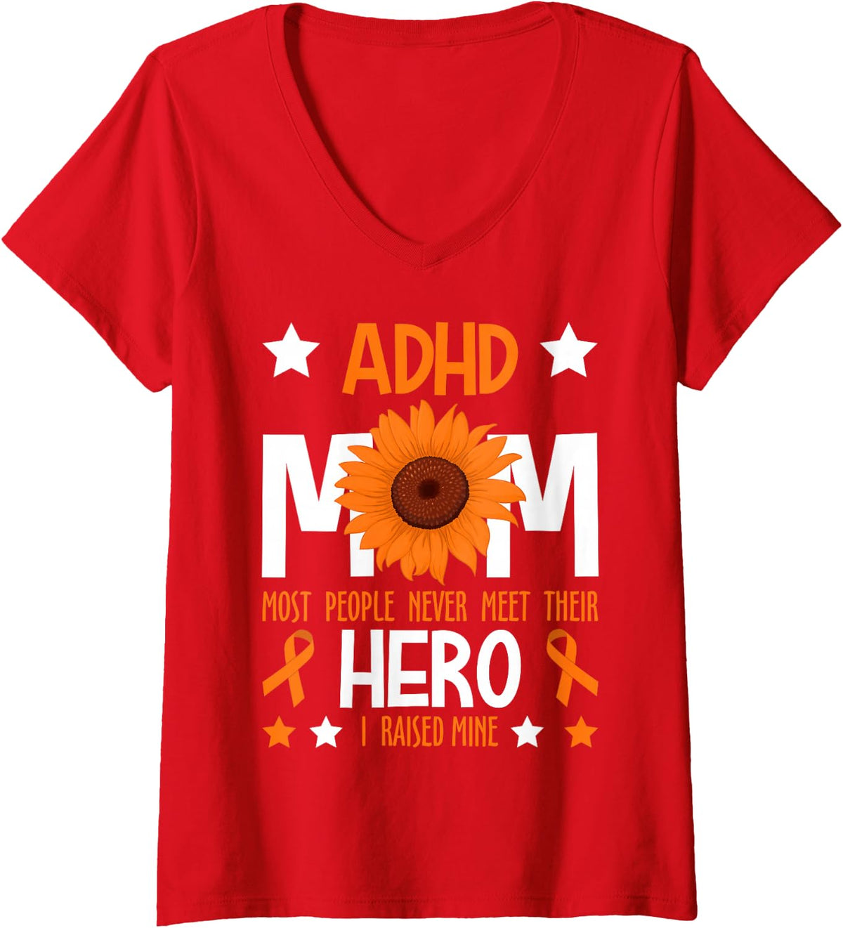 Women's ADHD Mom ADHD Awareness Month Family Support Orange Ribbon V-Neck T-Shirt - Red