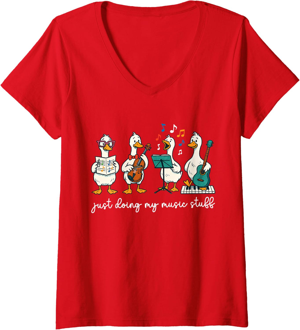 Women's Silly Goose Musician Cute Band Music Teacher Choir Chorister V-Neck T-Shirt - Red