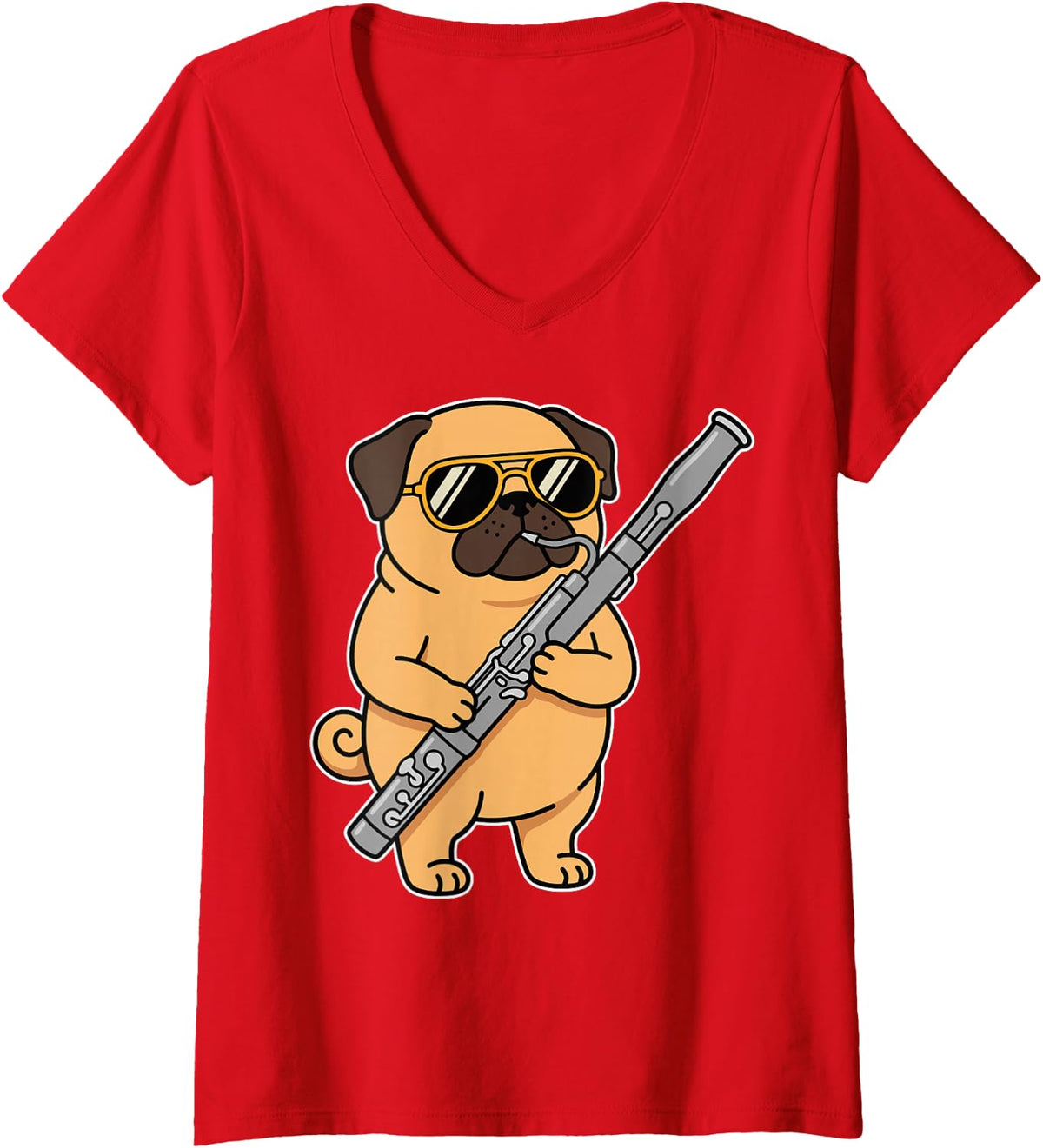 Women's Cool Pug Playing Bassoon Funny Dog Double Reed Musician V-Neck T-Shirt - Red