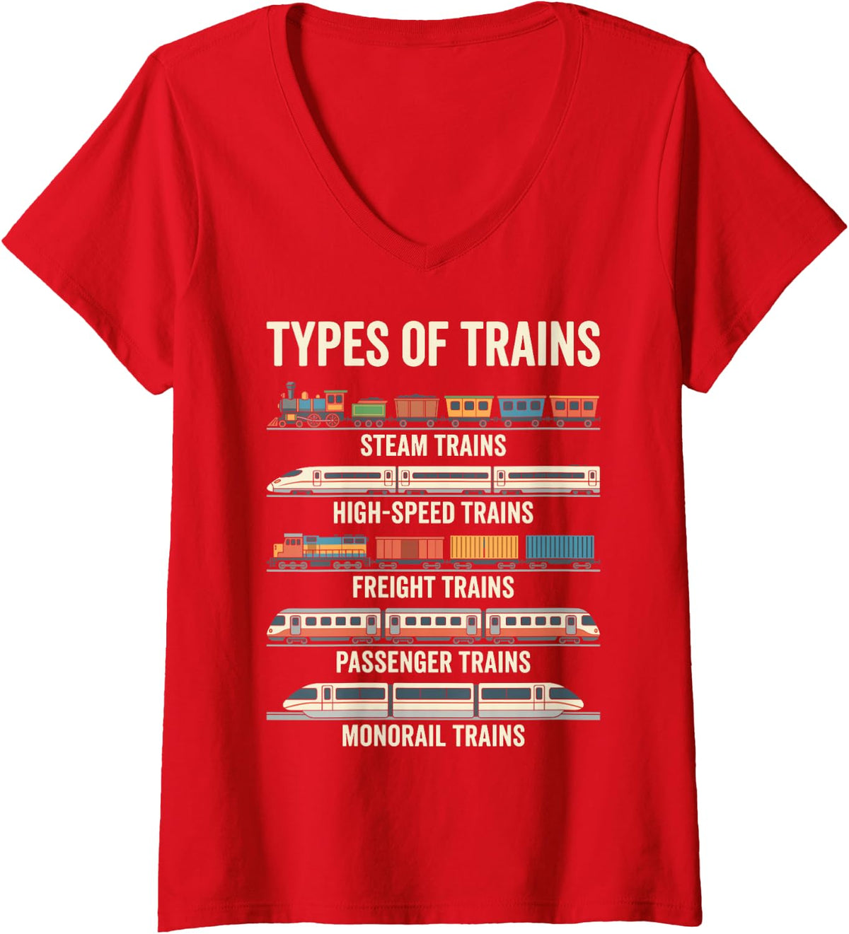 Women's Types of Trains Steam Freight Passenger High-Speed Monorail V-Neck T-Shirt - Red