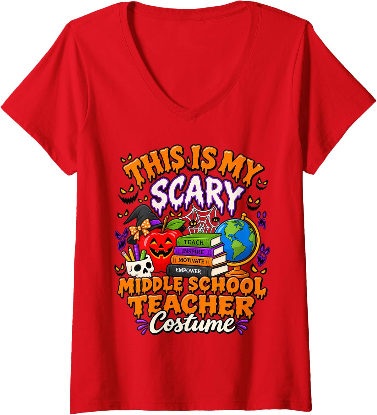 Women's This is My Scary Middle School Teacher Costume Halloween V-Neck T-Shirt - Red