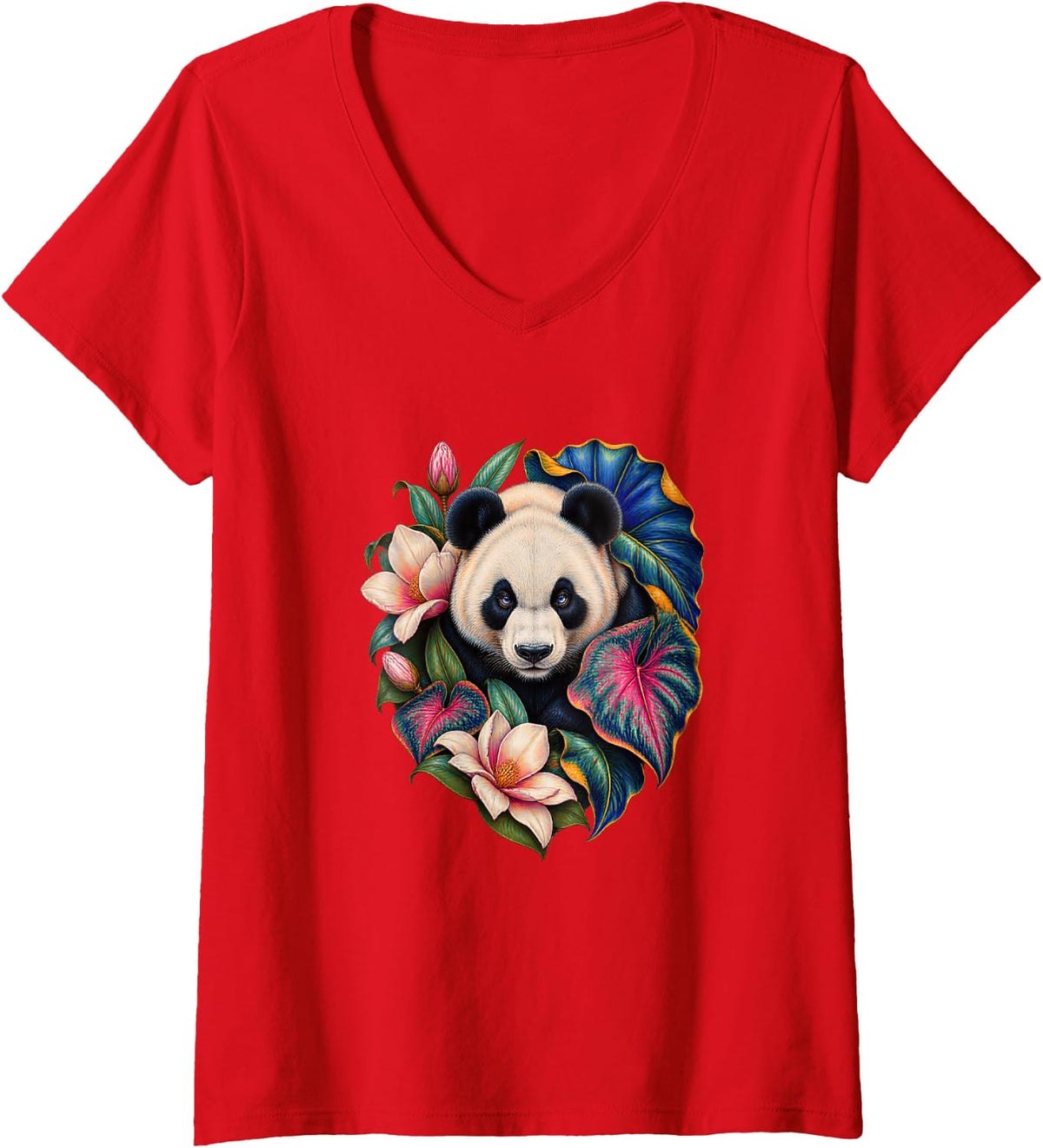 Women's Panda Magnolia Botanical Round Eared Animal Illustration V-Neck T-Shirt - Red