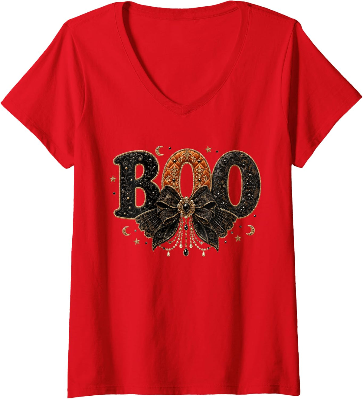 Women's Girls Spooky Season Gothic Black Bow Boo Halloween V-Neck T-Shirt - Red