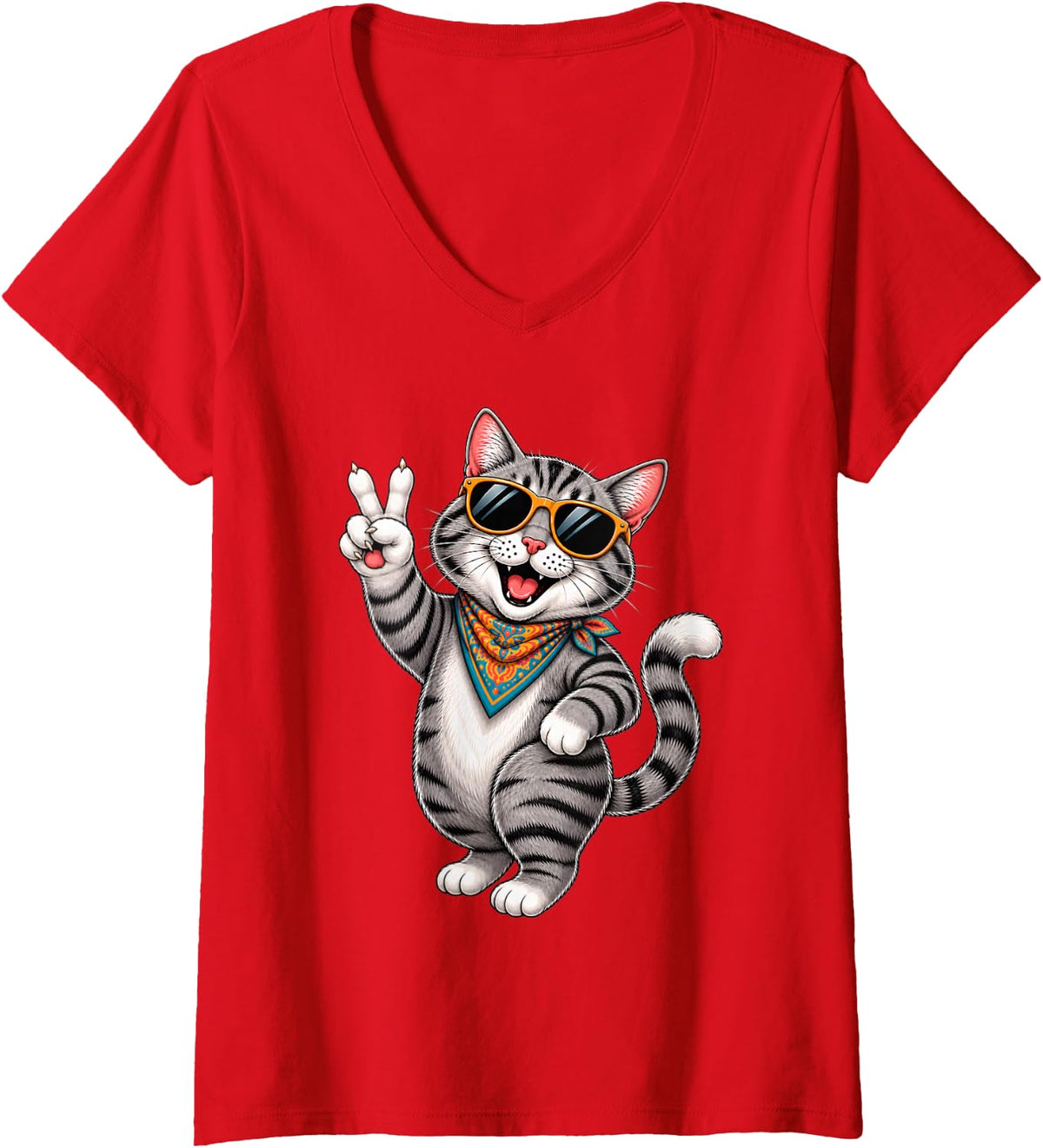 Women's Funny Cat with Sunglasses and Peace Sign Retro Kitty Cats V-Neck T-Shirt - Red