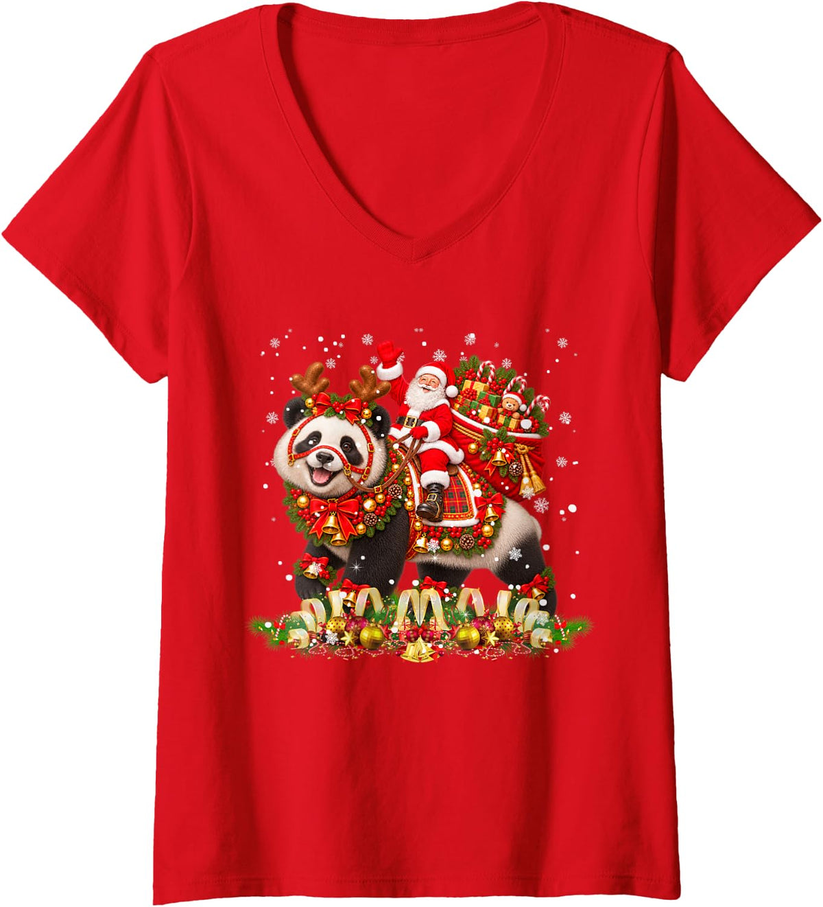 Women's Xmas Decor Funny Santa Riding Panda Christmas V-Neck T-Shirt - Red