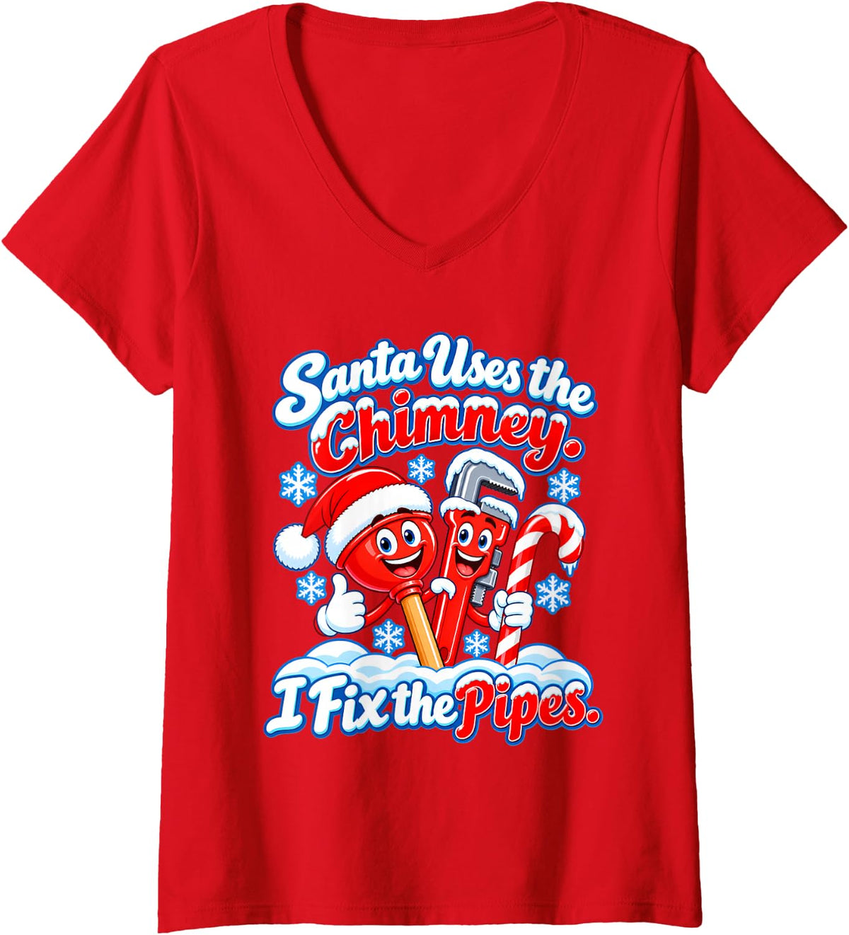 Women's Christmas Plumber Santa Uses the Chimney Pipe Humor V-Neck T-Shirt - Red