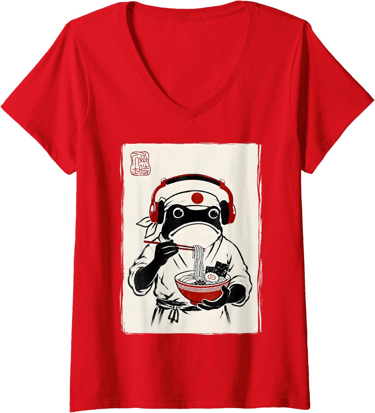 Women's Frog Ramen Chef Ukiyo E Kawaii Japanese Art Noodle Lover V-Neck T-Shirt - Red