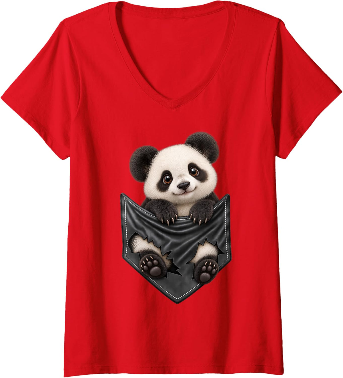Women's Funny Panda Pocket for Men and Women Cute Animal Graphic V-Neck T-Shirt - Red