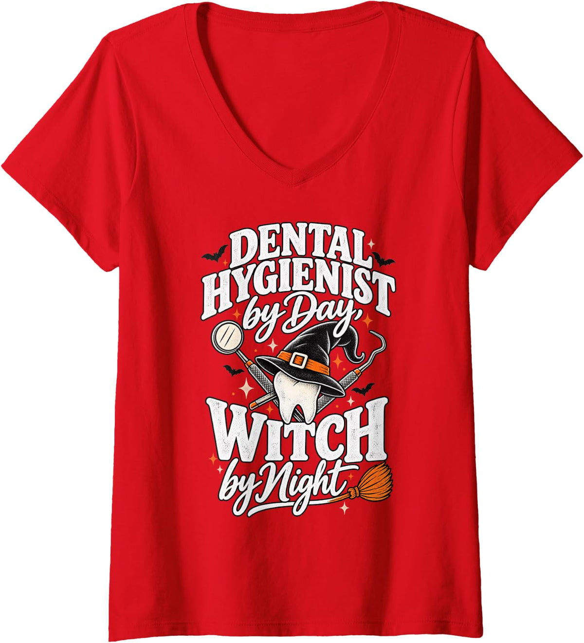 Women's Dental Hygienist by Day Witch by Night Funny Halloween V-Neck T-Shirt - Red