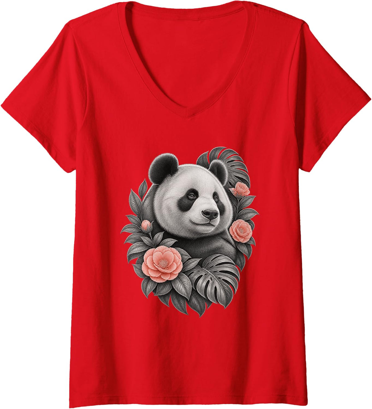 Women's Panda with Camellia Flowers and Broad Split Leaves V-Neck T-Shirt - Red
