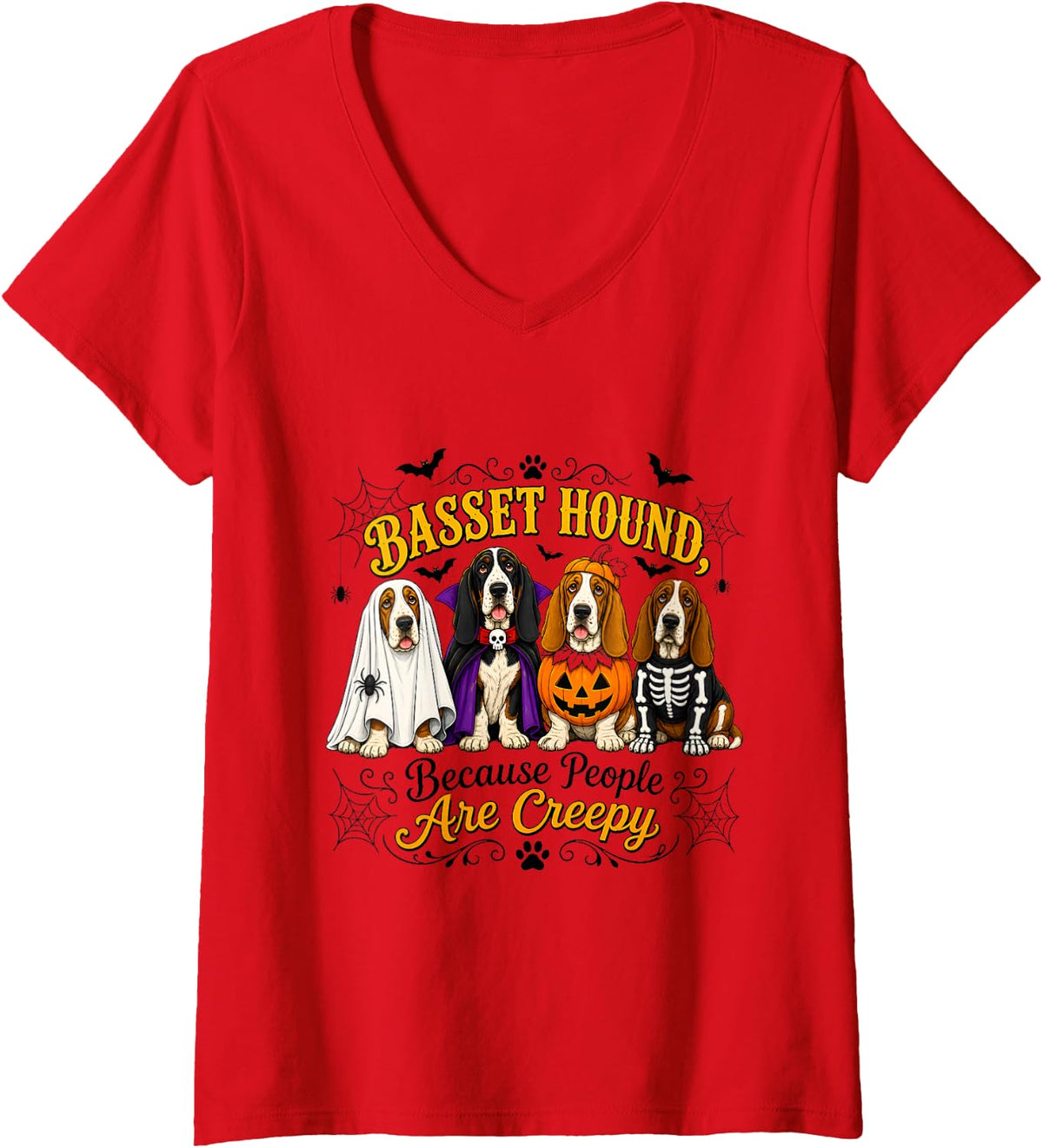 Women's Basset Hound Halloween Costume Party V-Neck T-Shirt - Red