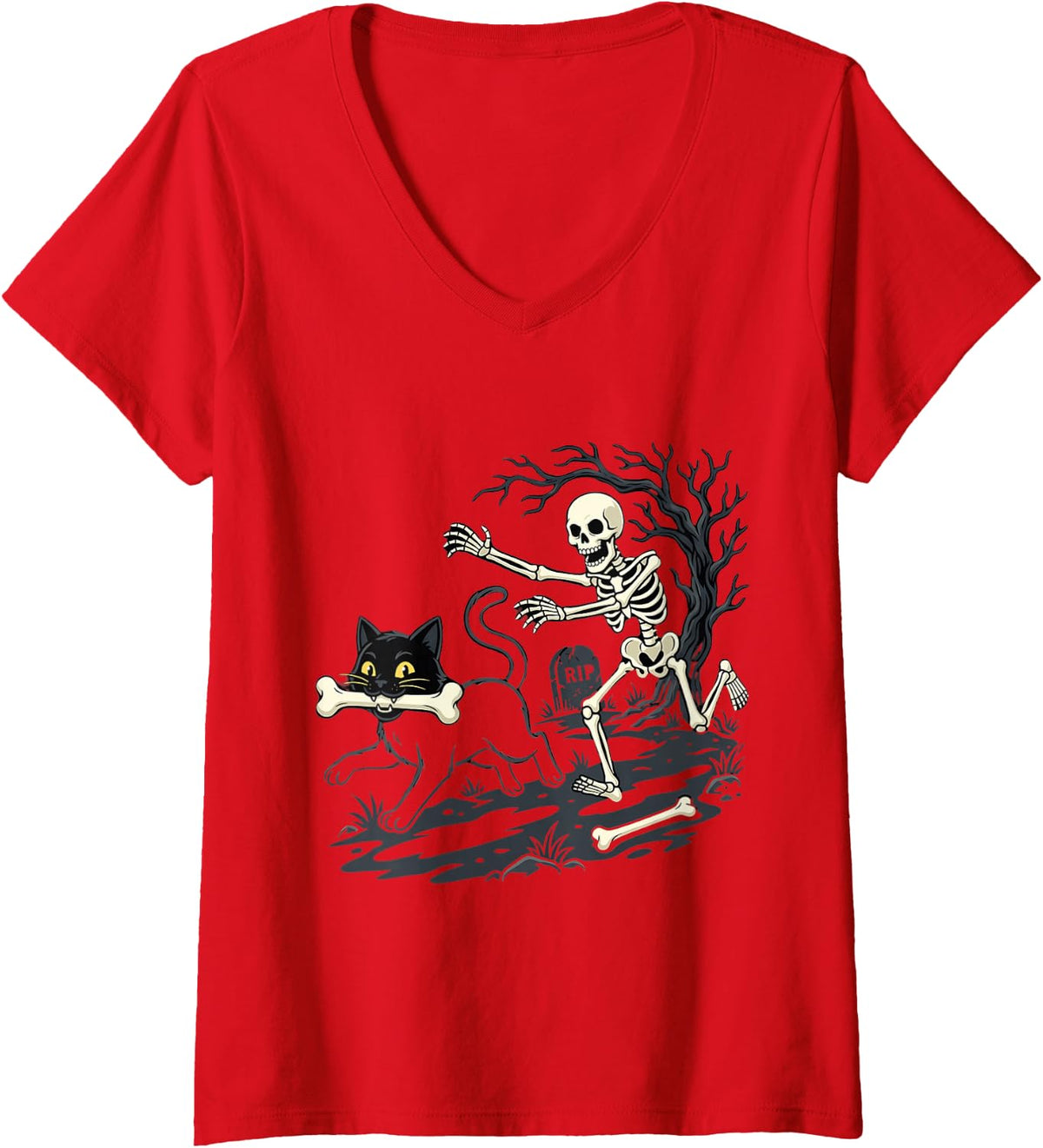 Women's Halloween Skeleton Black Cat Spooky Season Costume V-Neck T-Shirt - Red