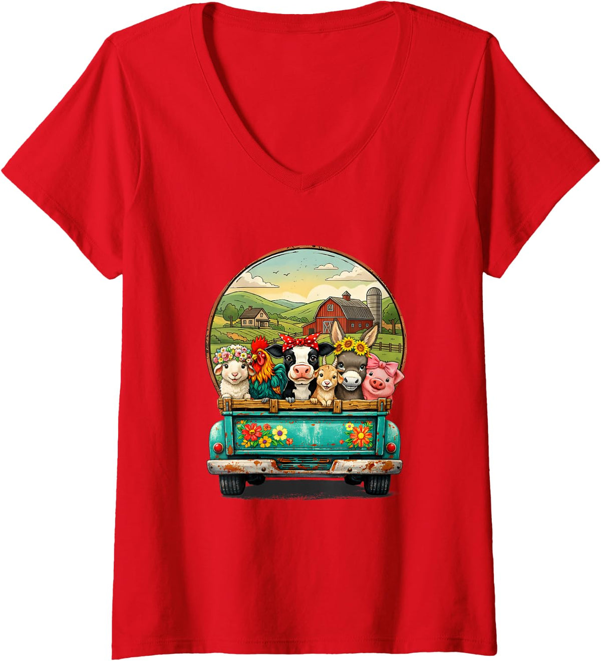 Women's Farm Animals Turquoise Pickup Truck Country Life Farmer Wife V-Neck T-Shirt - Red