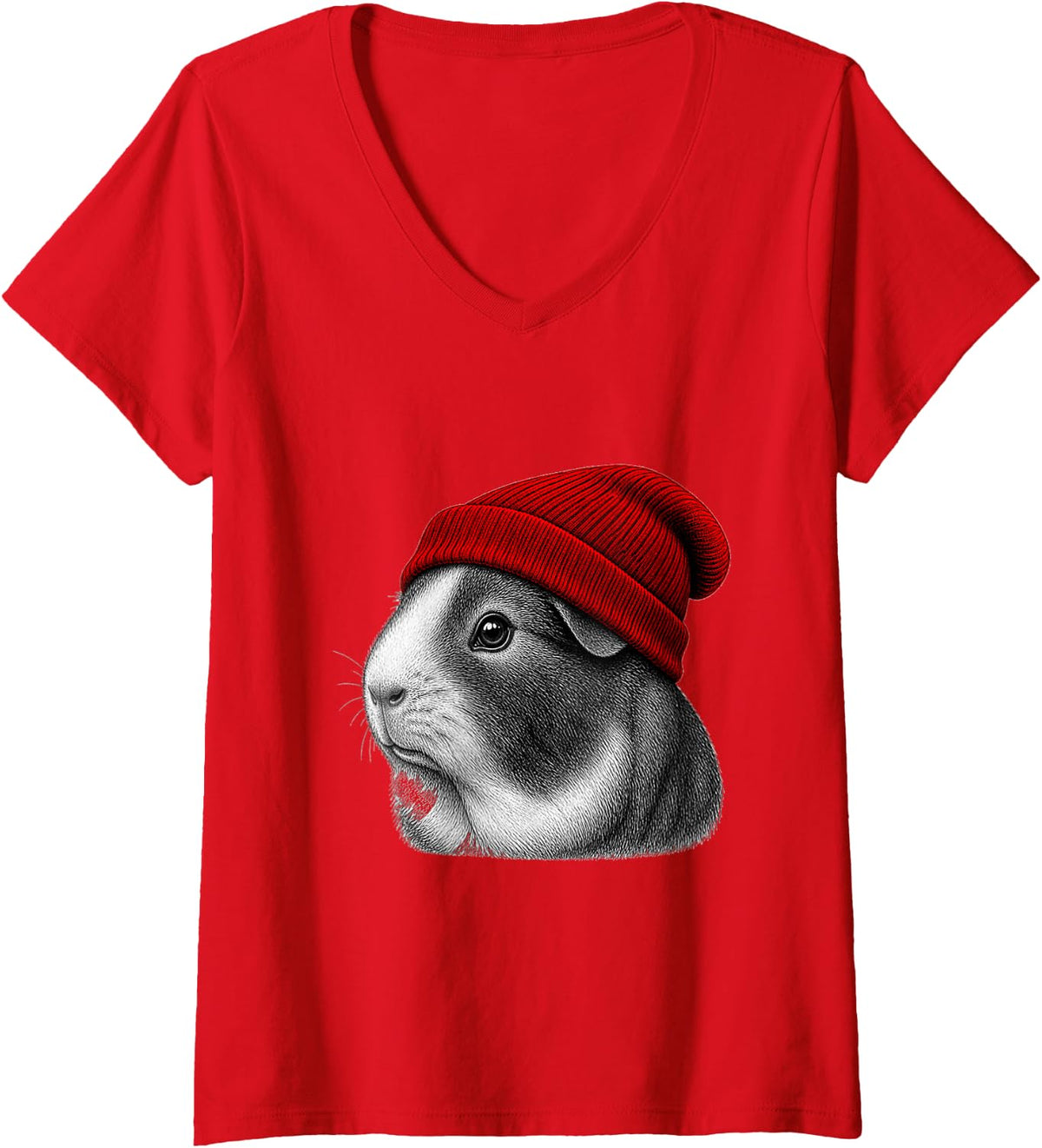 Women's Guinea Pig Wearing Beanie Funny Chill Animal Lover V-Neck T-Shirt - Red