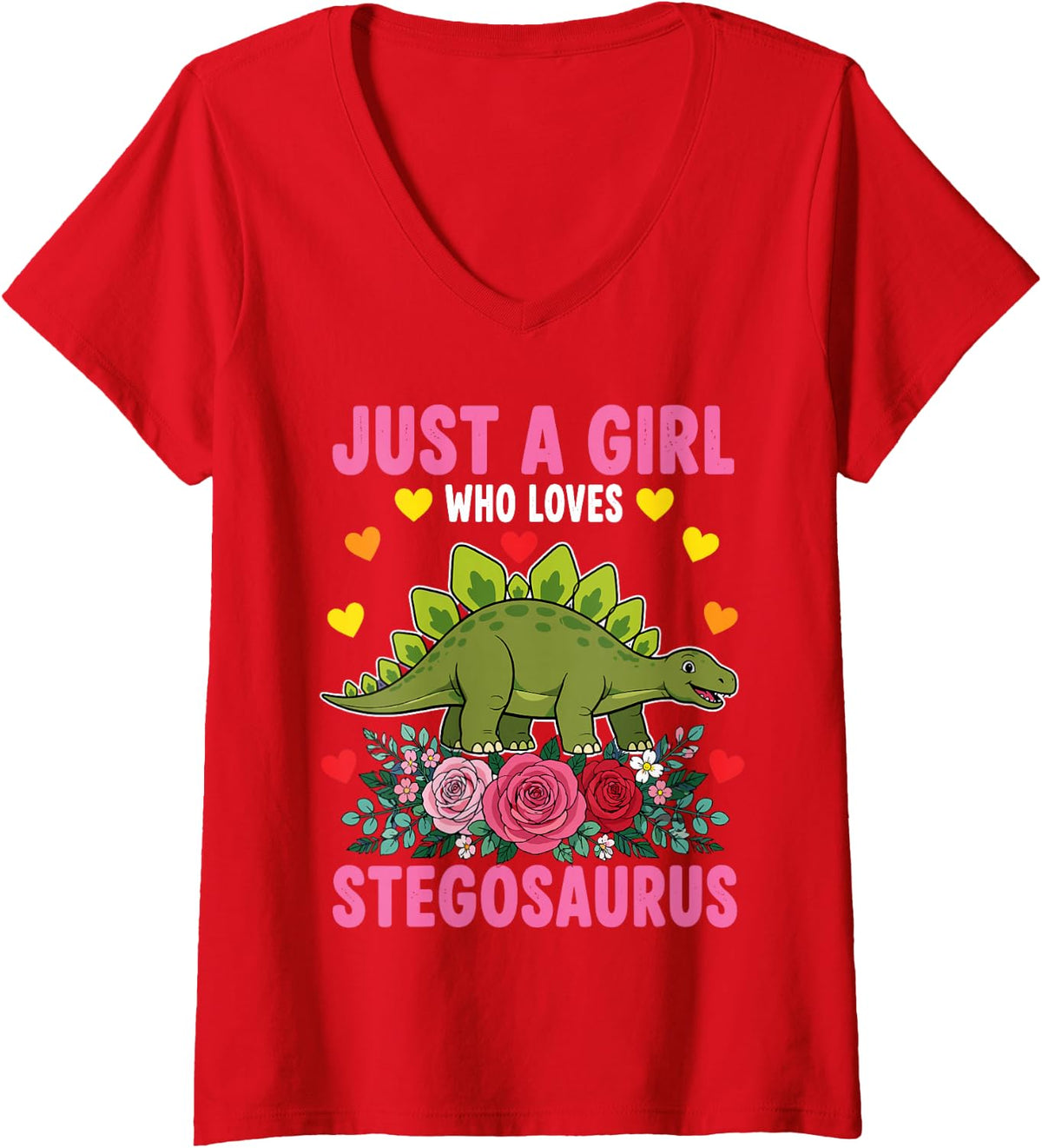 Women's Stegosaurus Art for Girls Kids Women Paleontologist Dinosaur V-Neck T-Shirt - Red