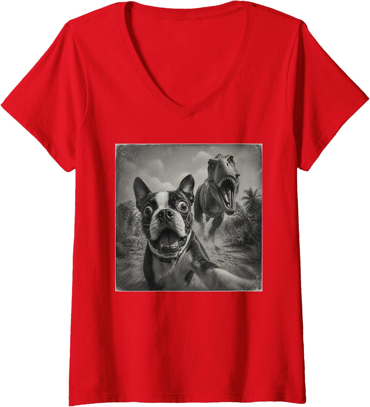 Women's Funny Boston Terrier T-Rex V-Neck T-Shirt - Red