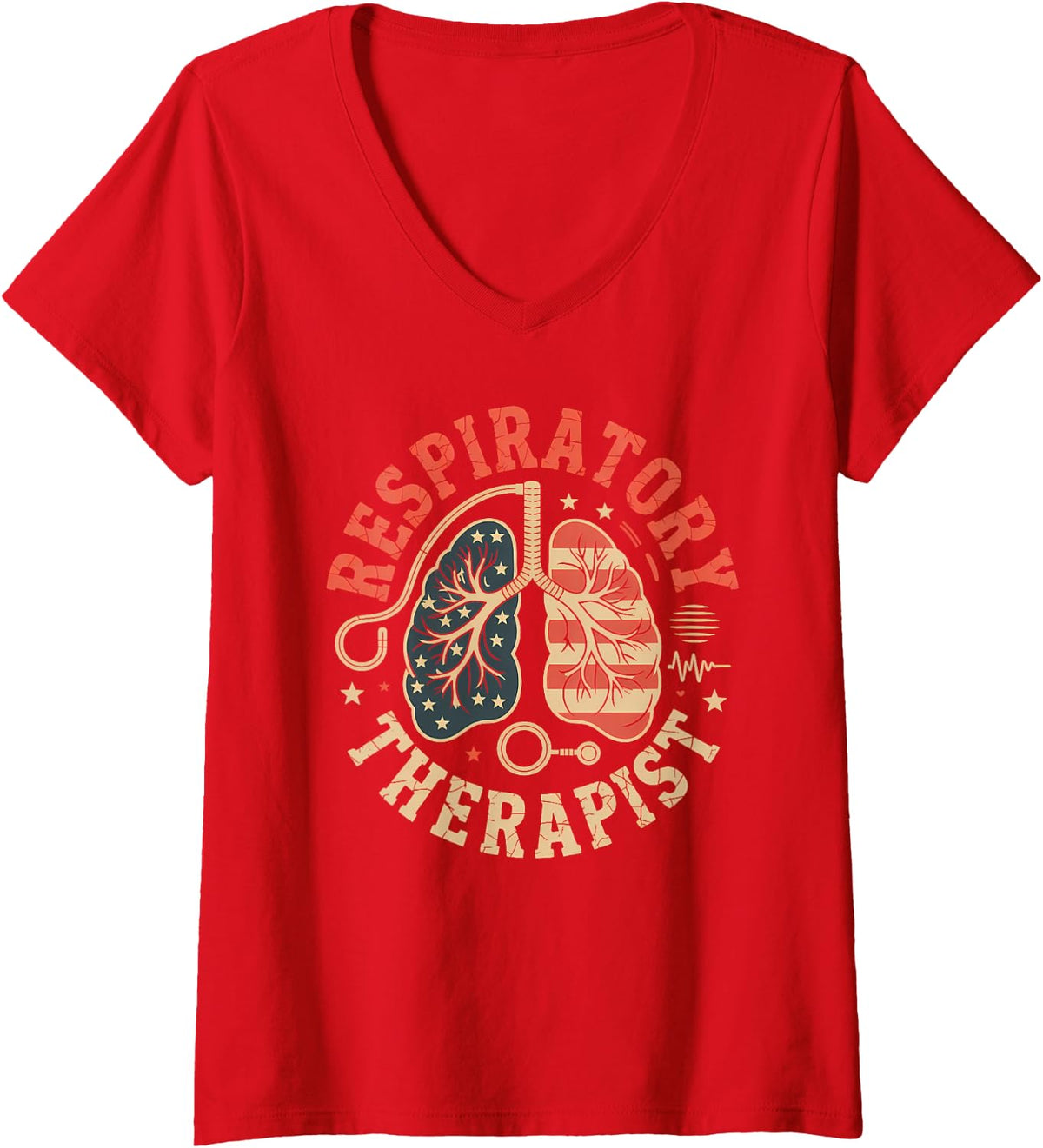 Women's Patriotic Respiratory Therapist Lungs Medical Professional V-Neck T-Shirt - Red