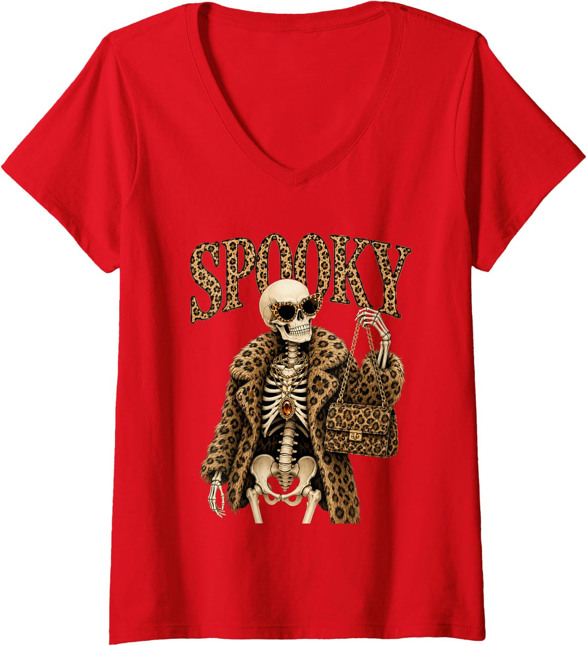 Women's Luxury Girls Leopard Skeleton Women Spooky Halloween V-Neck T-Shirt - Red